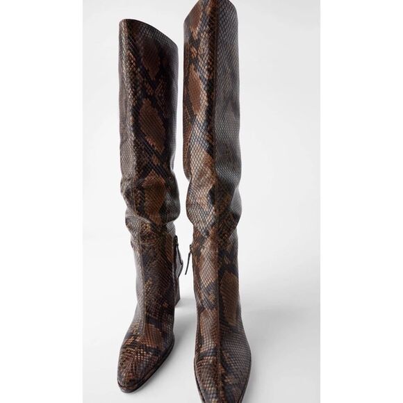 ZARA Snakeskin Print Knee High Boots Block Heel Brown Faux Leather Size US 7.5 - Picture 2 of 10